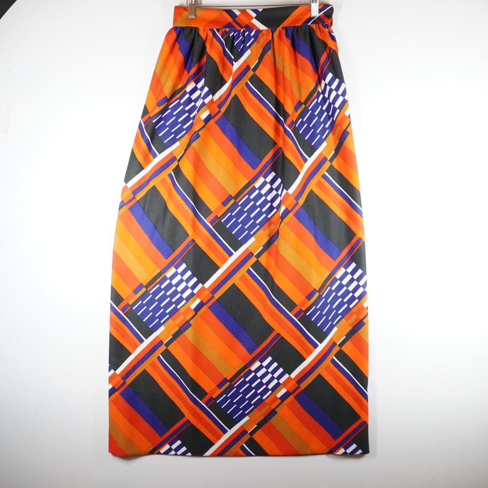 Vintage 70s Maxi Skirt Womens M Orange Purple Geometric Mod Retro 70s Long Skirt